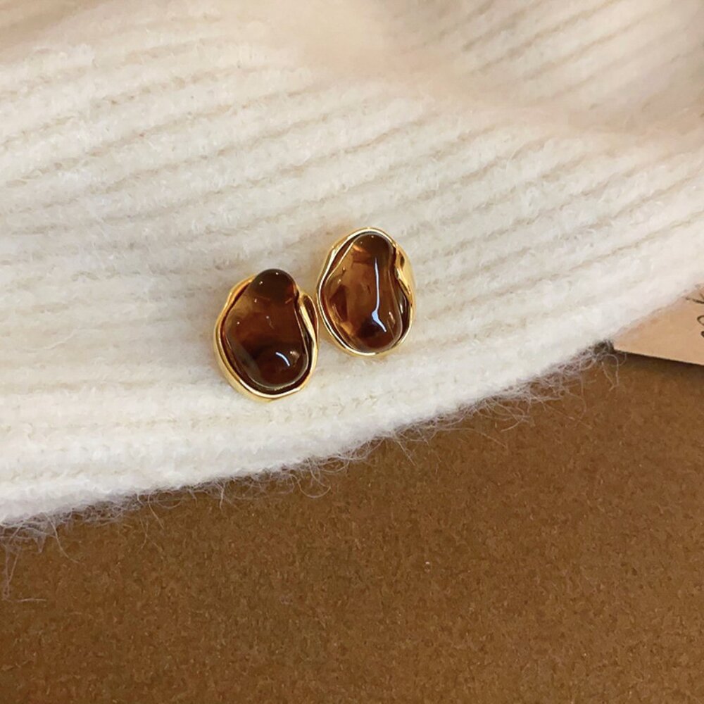 Brown Resin Stud Earrings Gold Trim Minimalist Vintage Inspired Earrings
